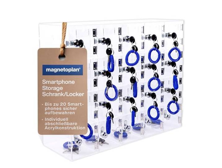 magnetoplan Smartphone Storage Schrank/Locker Für bis zu 20 Smartphones Die sichere Handygarage aus Acryl Wandorganizer mit abschließbaren Fächern für Schule, Sporthalle, Fitness-Studio etc.