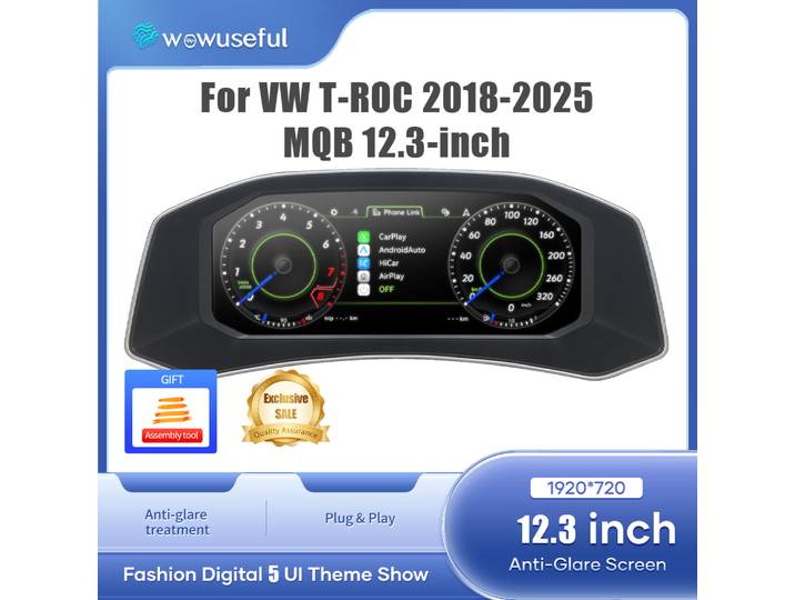 Tableau de bord numérique Wowuseful 12,3'' pour VW T-ROC 18-25 ans, panneau d'instruments virtuel MQB, cockpit