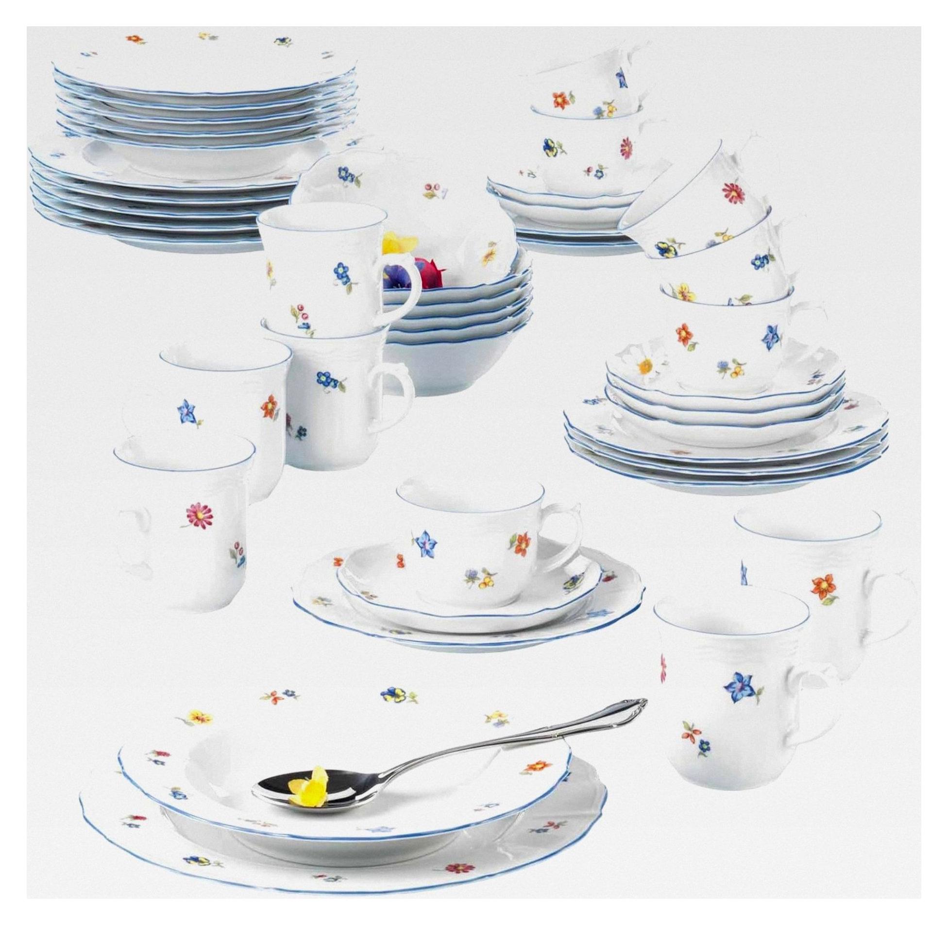 Kombiservice Sonate Nostalgie 42-teilig | Teller, Schalen und Tassen für 6 Personen | Geschirr-Set mit Blumendekor | Porzellan, spülmaschinen- und mikrowellengeeignet | Weiß mit Blumenmuster
