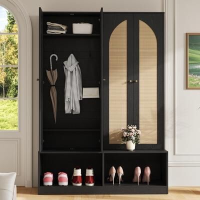 Farmhouse Hall Tree Entryway Storage Cabinet, Mudroom Organizer with Rattan Arched Doors, Hanging Area & Foyer Coat Storage Unit
