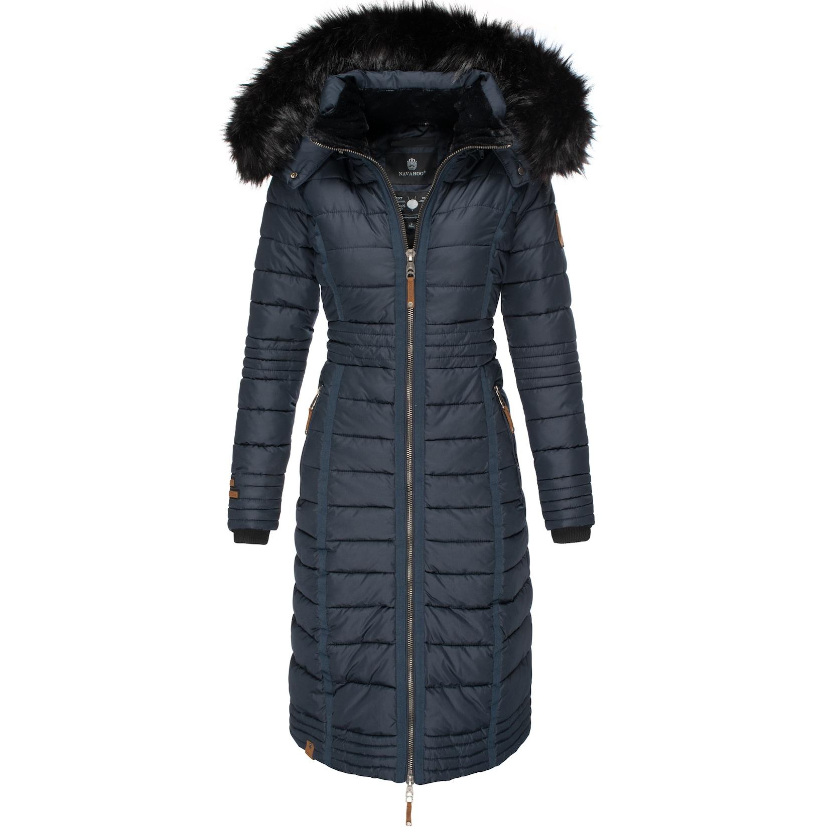NAVAHOO Damen Wintermantel langer Winter Steppmantel mit Kunstfellkapuze Umay