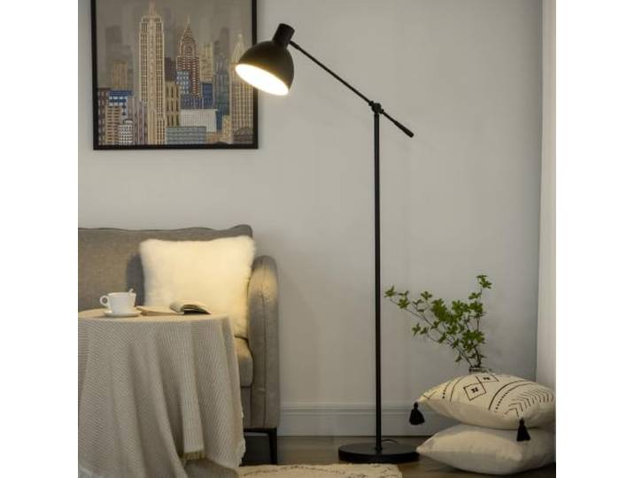 HOMCOM Lampadaire sur Pied Salon Bras Orientable Ø 30 x 131-155 cm Noir Lampe sur Pied 40 W\, Abat-Jour\, Hauteur Réglable\, Culot E27\, Chambre\, Bureau