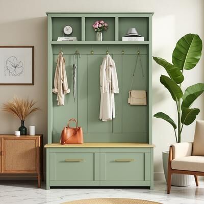 ZWYO HOSIMU Versatile 4-in-1 Hall Tree with 6 Golden Hooks, Wood Grain Bench and 2 Drawers for Living Room, Hallway