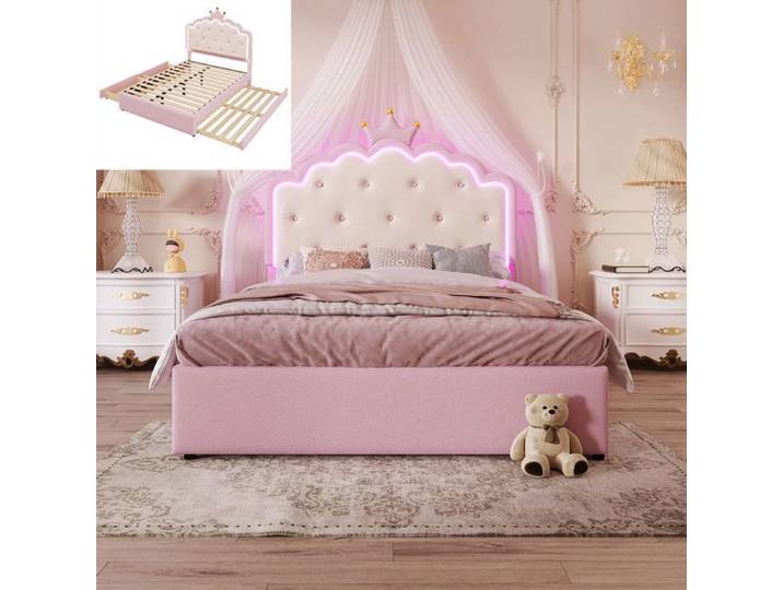 Lit enfant fille 140x200 cm - Éclairage LED - Tête de lit Crown - Lit gigogne - 2 tiroirs - Rose