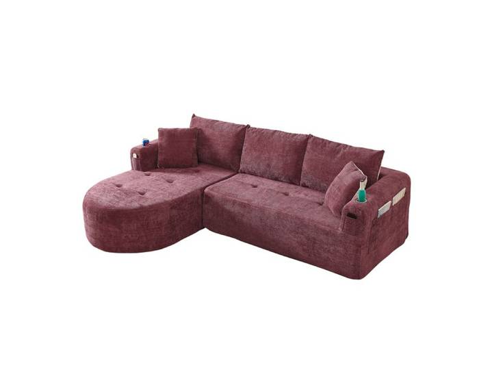 Canapé d'Angle en Lin Respirant Rouge - Canapé Compressé Sans Montage en Mousse HR et Coussins bicolore - Design Moderne et Chic