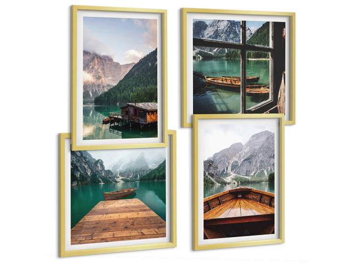 BILDER SET 4er Set - 50x50 cm & 40x60 cm Goldrahmen - Berglandschaften, Ferienhäuser, Boote