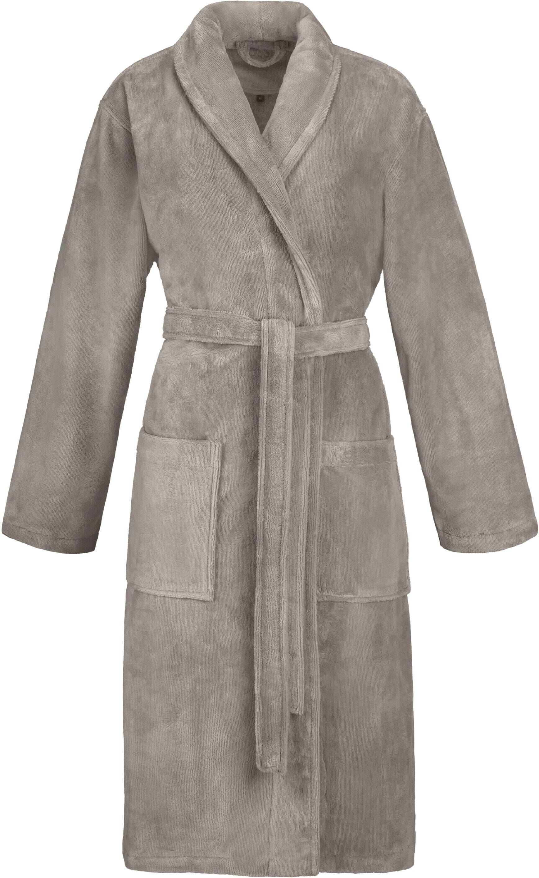 Bademantel VOSSEN "Pico, ideal für Sauna & Spa, Hotelbademantel, Morgenmantel" Gr. M, grau (timber), L:120cm, Baumwoll-Mix, Hausmäntel, Bademantel, Schalkragen