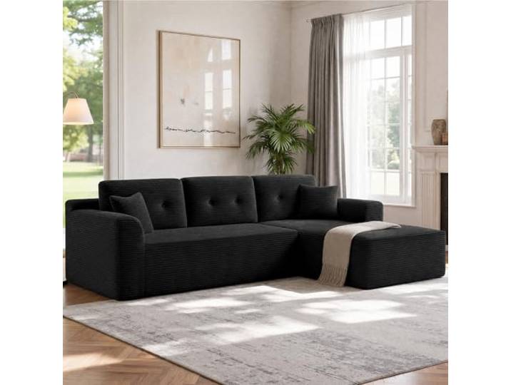 VASAGLE Ecksofa, Keine Montage erforderlich, modulares Sofa, 244 cm breit Schlafsofa, vakuumverpackt, mit großer Chaiselongue rechts, für Wohnzimmer, tintenschwarz, LCS184B101