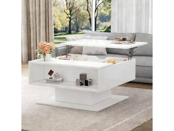 Piaenon - Table basse rectangulaire 80x75x40-54cm avec LED brillant relevable rangement salon - blanc