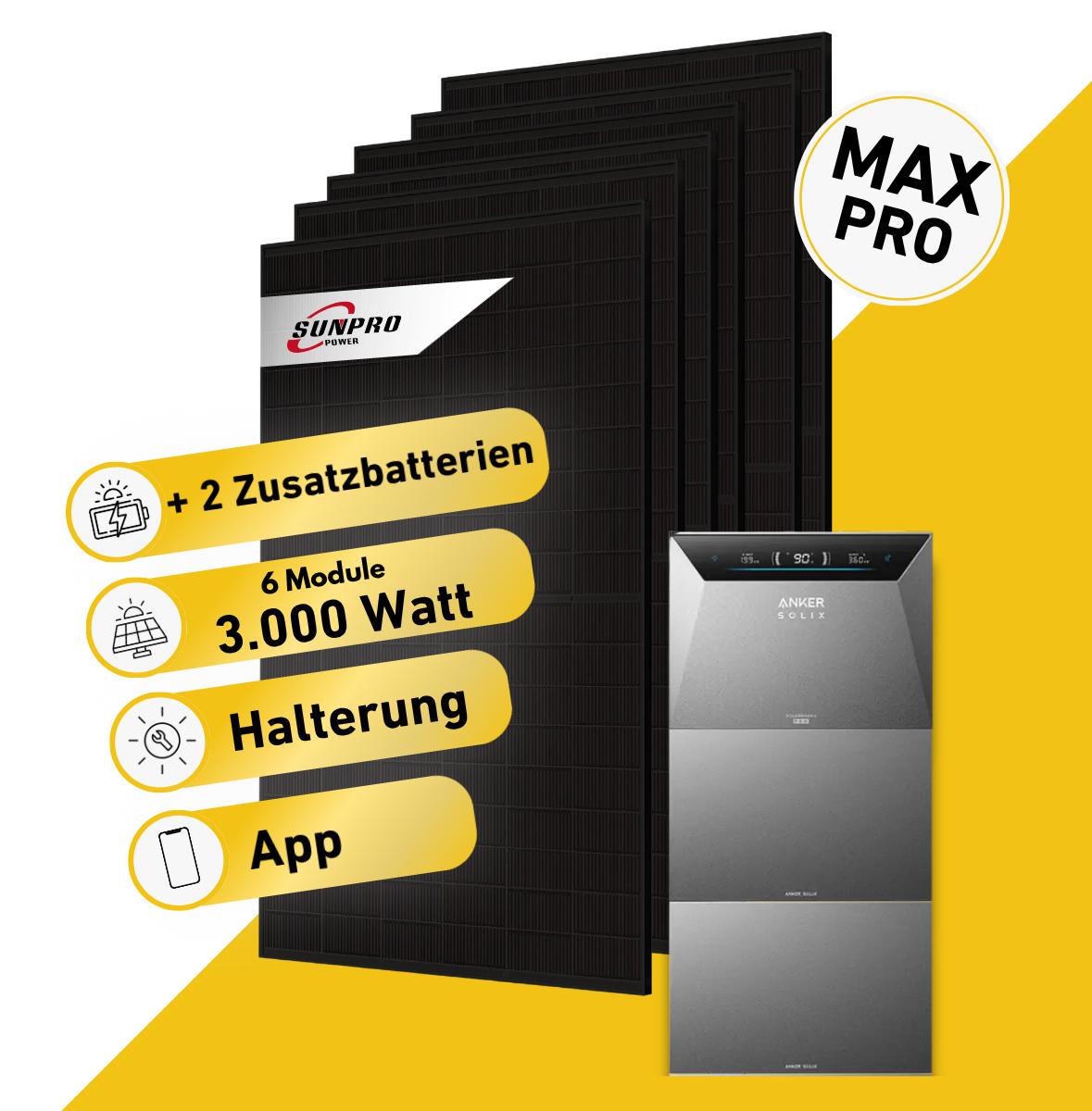Balkonstrom Balkonkraftwerk 3000W mit Speicher | 2xZusatzspeicher | Fassadenhalterung 90 Grad | 6xSolarmodul Bifazial | Anker Solix 4 Pro |Kabel 15m