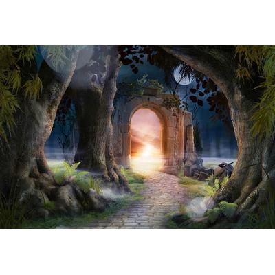 Fototapete PAPERMOON "MÄRCHEN-LANDSCHAFT-ARKADE BÄUME FANTASIE SONNE MOND", bunt, B:5m L:2,8m, Vlies, Tapeten