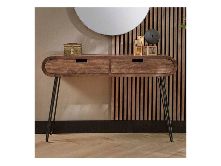 alesvelt Konsolentisch & Schminktisch BARREL RETRO Ovale Flurkonsole aus Mangoholz (1-Tisch), 120x30x76cm, Hairpin-Beine