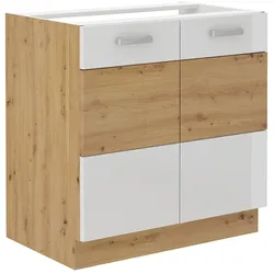 Spülenschrank 80 cm Eiche Artisan + Weiß Hochglanz Küchenzeile Küchenblock Küche