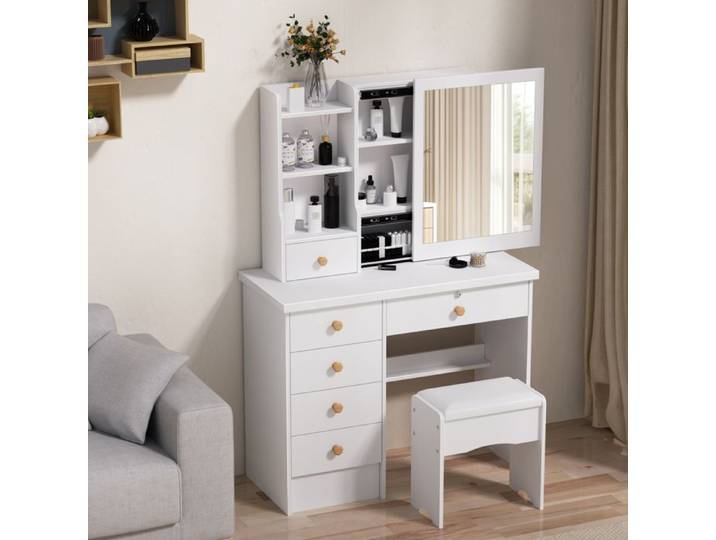 Coiffeuse avec Miroir Coulissant et Tabouret - WILITTO - 6 Tiroirs et Étagères Ouvertes - épuré et Moderne - 80x37x122cm
