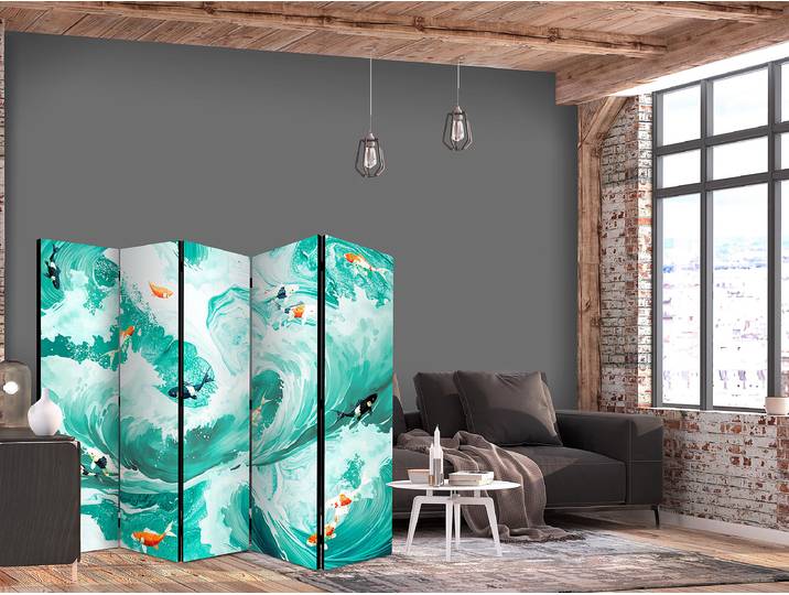 Paravent koï dans les vagues 1 face Autres Turquoise 225 x 172cm