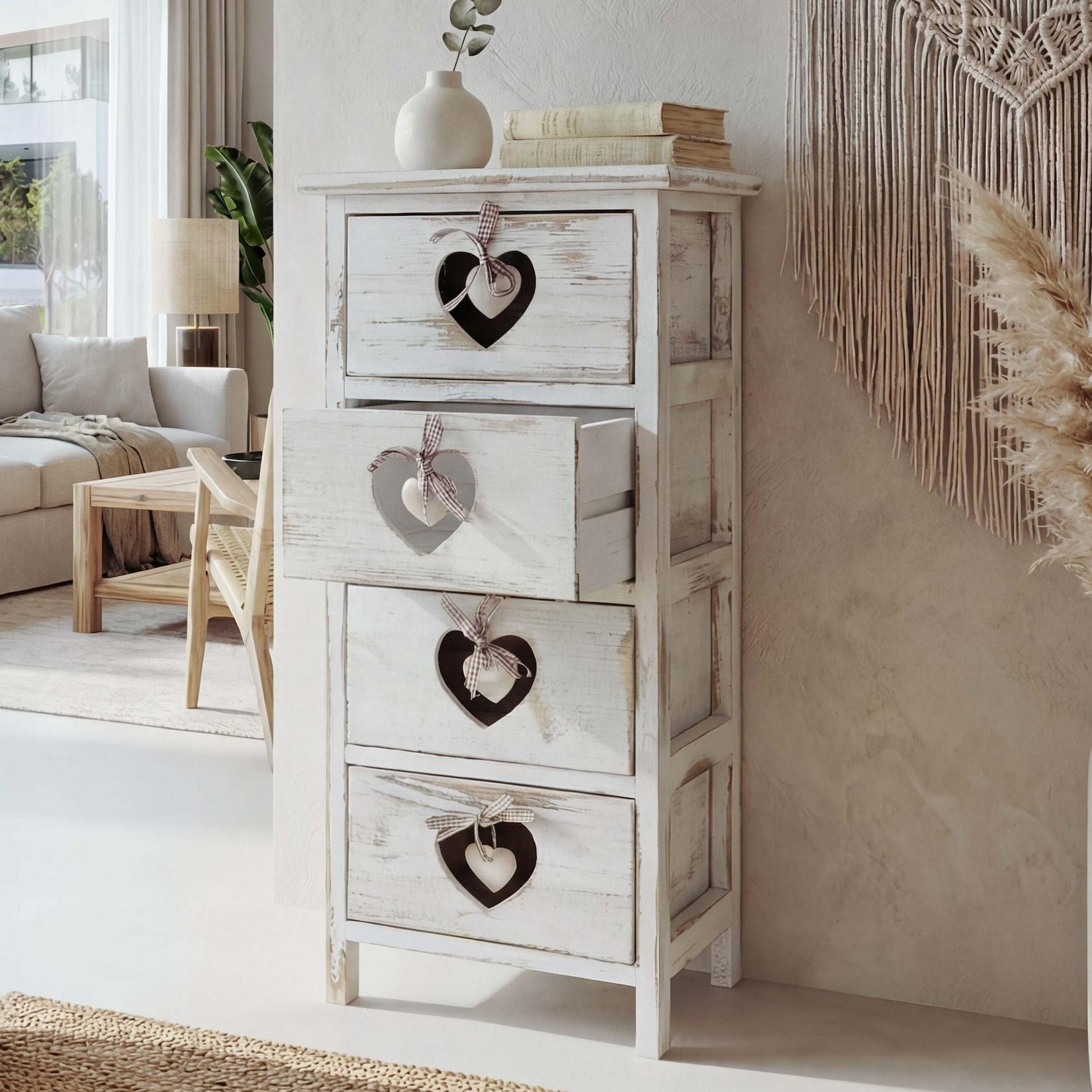 Kommode Sues, Schubladenkommode Schrank, 4 Schubladen mit Herzen 70x29x25cm, Shabby-Look, Vintage ~ weiß