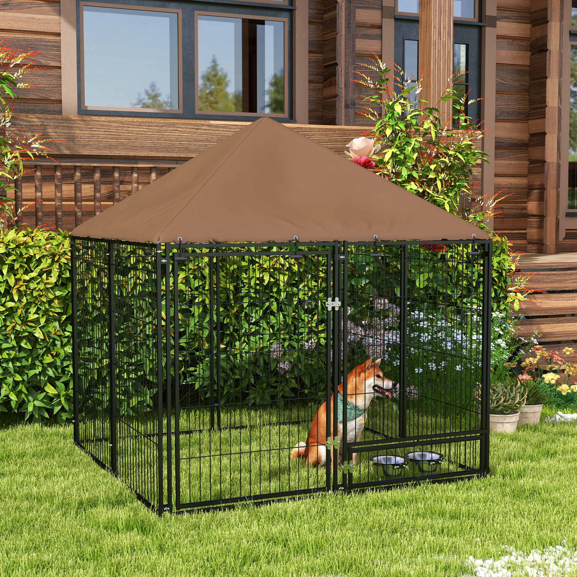 Pawhut Recinto per Cani in Metallo e Tessuto Oxford con Porticina per Ciotole, 141x141x151 cm, Nero e Marrone