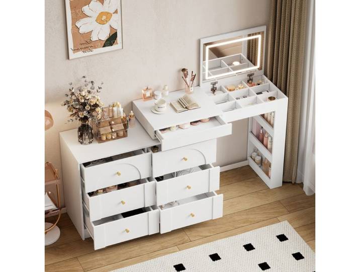 JOINERY bureau coiffeuse pivotante rangement 105x40x80 cm miroir LED 7 tiroirs panneau de particules blanc ligne droite ou angle