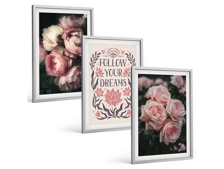 BILDER SET 3er Set - 40x60 cm Silberner Rahmen - Vintage-Rosenträume-Inschrift
