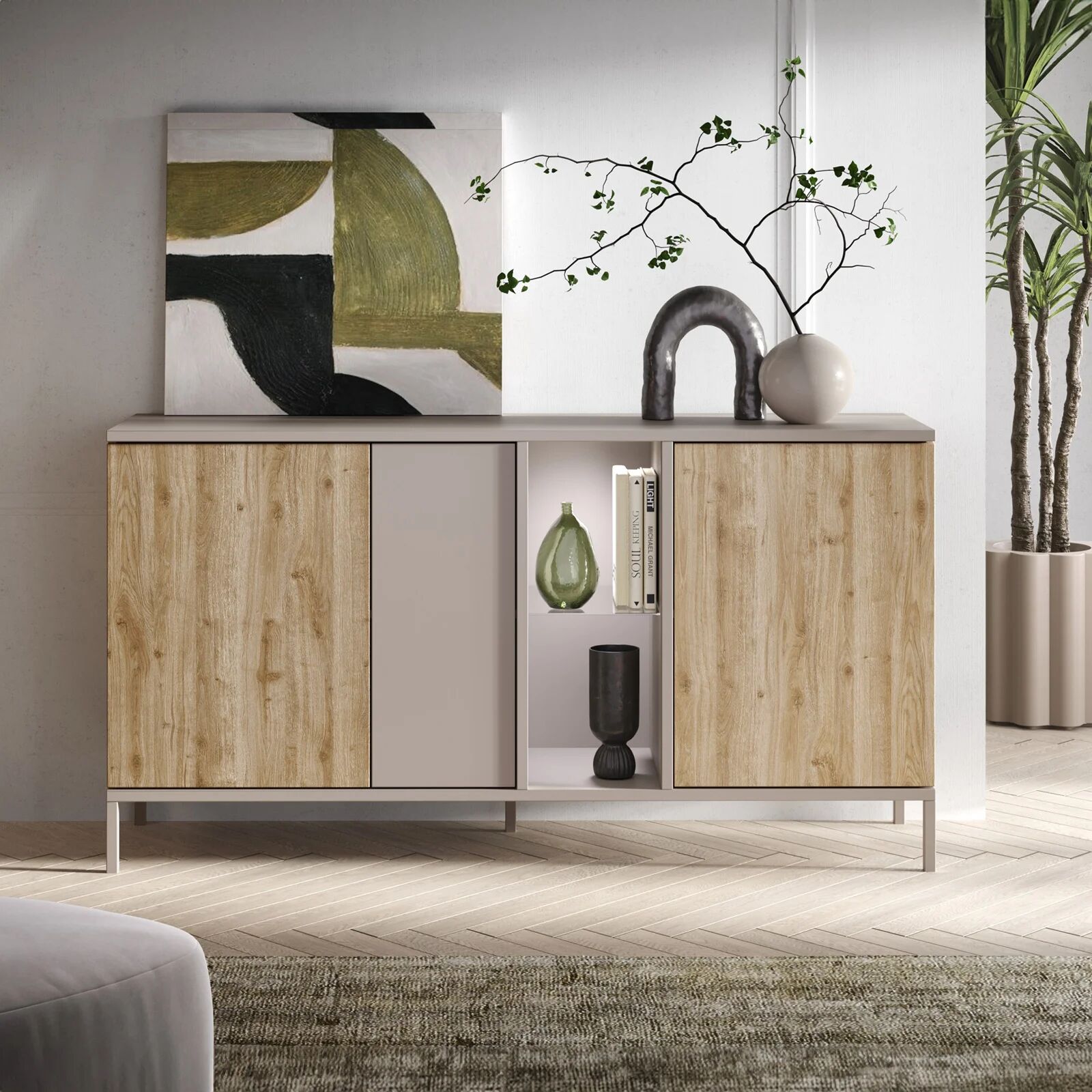 garneroarredamenti Madia 160x86h cm 3 ante 2 vani rovere chiaro beige Tony