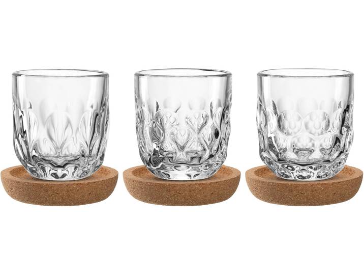 Gläser-Set LEONARDO Espresso-Set GOCCE, 90 ml, 6-teilig , transparent, H:5,6cm Ø:5,2cm, Glas, Trinkgefäße, Gläser-Set, 3 Gläser mit unterschiedlichem Tropfenrelief, inkl. Kork-Untersetzer