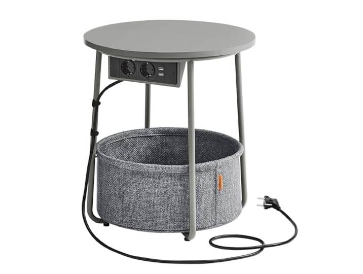 VASAGLE Bijzettafel rond met laadstation, USB-aansluitingen, stoffen mand