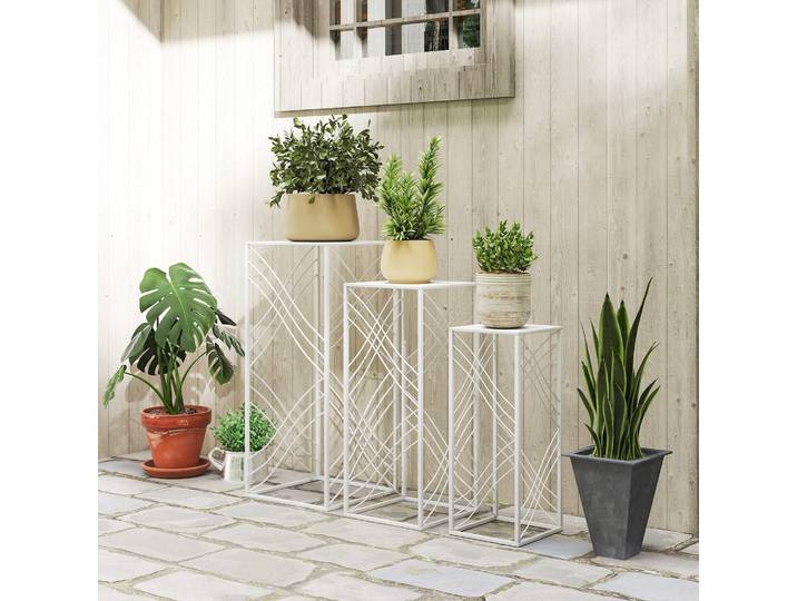 Outsunny Supports Plantes Lot de 3 Métal Blanc H50/60/70 cm