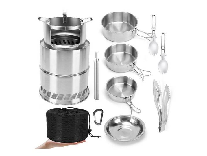 LuxusKollektion Topf-Set 11tlg Camping Kochgeschirr Set Edelstahl m. Holzofen