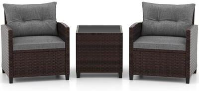 Costway 3 Pieces Rattan Patio Furniture Set with Washable Cushion-Gray