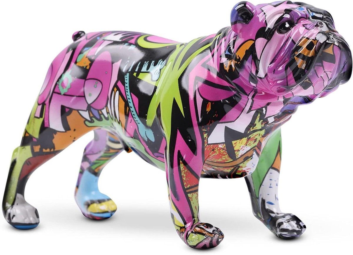 Graffiti Bulldog Sculptuur - Veelkleurige Hondenfiguur voor Tafeldecoratie - Kunstzinnig Hars Design