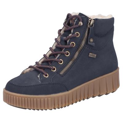 Winterboots RIEKER, Damen, Gr. 43, Warmfutter, blau (dunkelblau), Nubuklederimitat, unifarben, Schuhe Winterboots, Plateaustiefelette, Schnürboots mit Warmfutter und TEX-Ausstattung