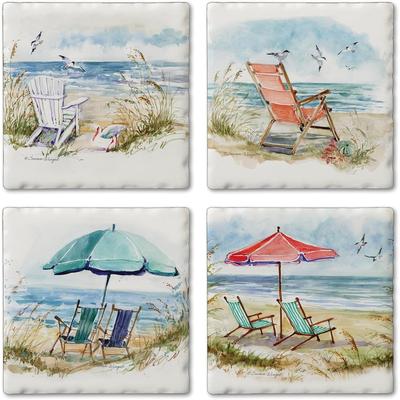 Thirstystone Coastal Moments 4-Pack Tumbled Tile Stone Coasters with Protective Cork Backing Manufactured in The USA