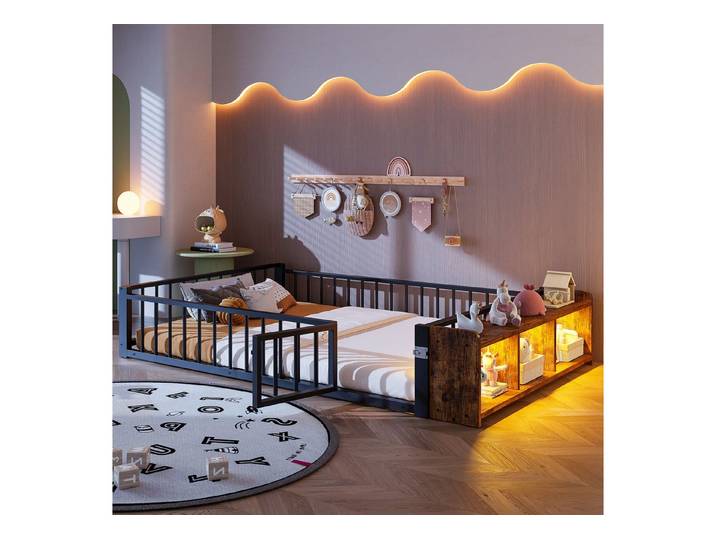 Flieks Kinderbett, Bodenbett Metallbett 140x200cm mit Schutzgeländer und LED-Staufach