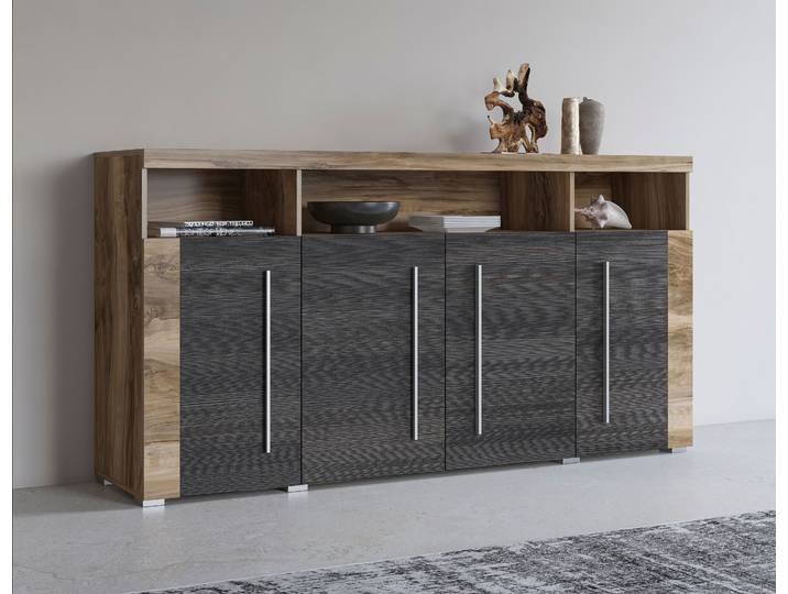 Sideboard GOODPRODUCT Roger,Breite 182cm, stilvolle Schrank mit 4 Türen , braun (satin nussbaumfarben, schwarzwood), B:182cm H:92cm, Sideboards, Sideboard, Kommode mit viel Stauraum, Einlegeböden verstellbar