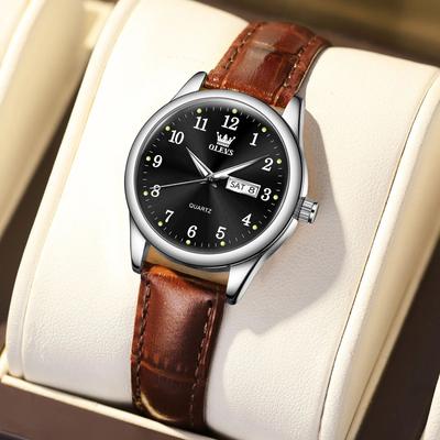 Inspire Select OLEVS Elegance Waterproof Stainless Steel Women's Quartz Watch brown Leather Black