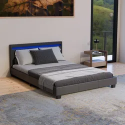 Juskys Polsterbett Paris 140 x 200 cm schwarz – Bett mit LED Beleuchtung, Lattenrost & Kopfteil