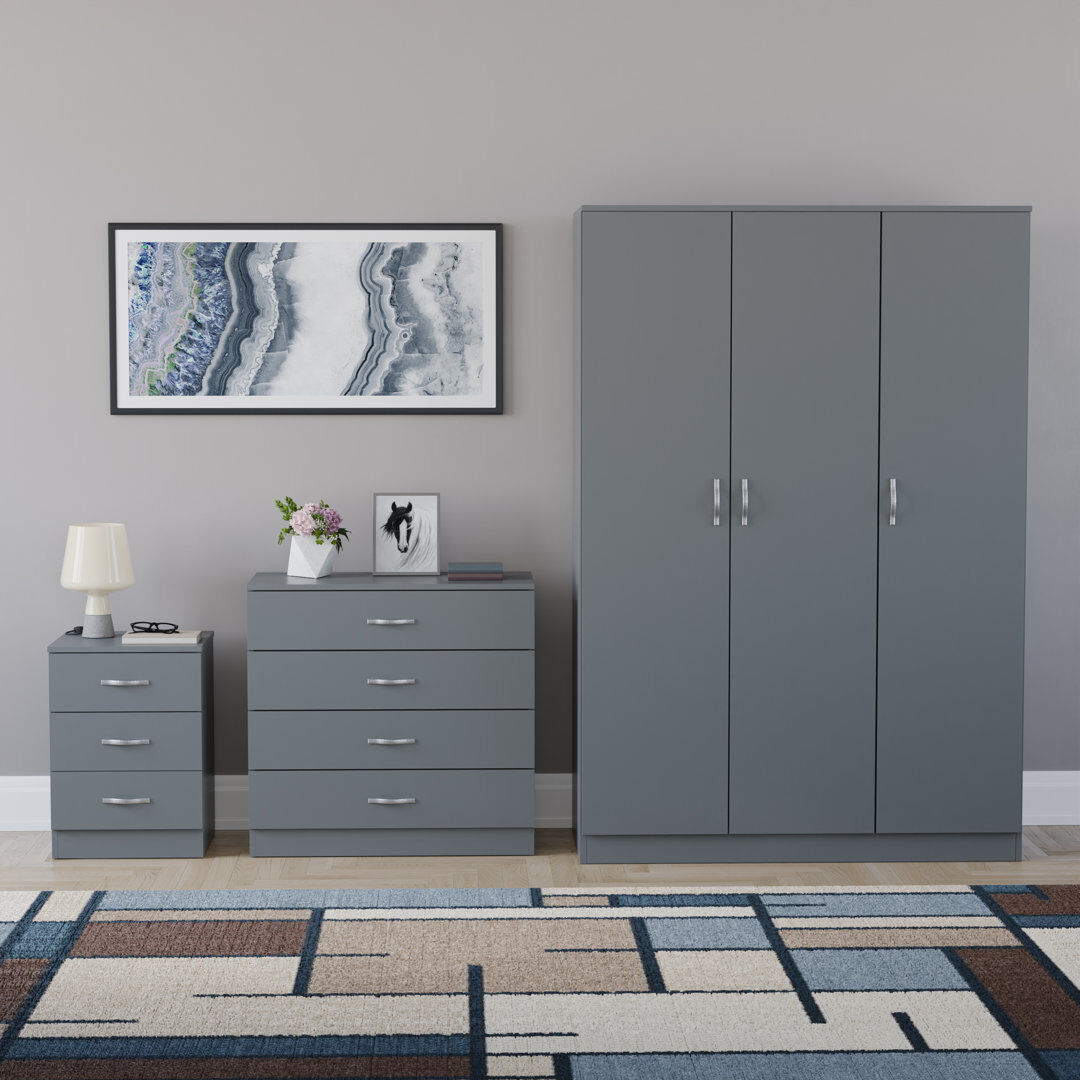 17 Stories Maybery 3 Piece Bedroom Set (3 Drawer Bedside Chest, 4 Drawer Chest, 3 Door Wardrobe), (5) Grey