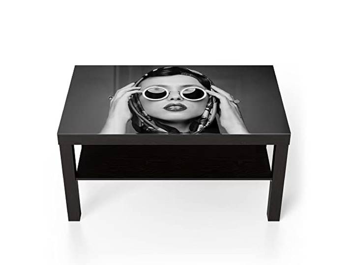 DEQORI Glastisch schwarz groß 90x50 cm Motiv Junge Frau im Retro-Stil ausgefallener Beistelltisch aus Glas Hochglanz Couchtisch fürs Wohnzimmer moderner Couch Tisch mit Design