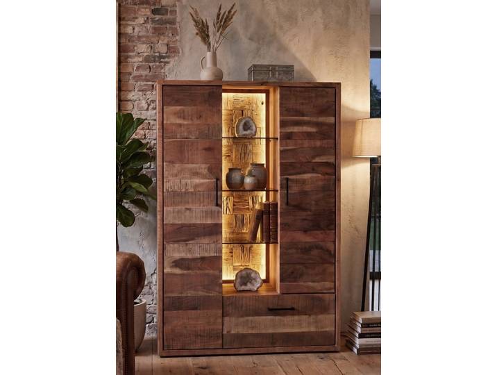Highboard inkl. Beleuchtung 105x150cm 'Livorno'' Akazie massiv sägerau