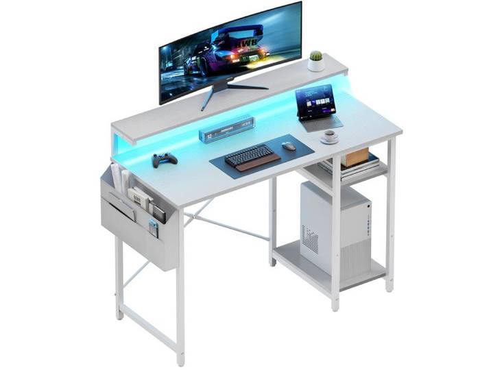 ECOFURNIX Bureau avec Rangement 100 x 48 cm Bureau informatique avec LED & Support de Moniteur Étagères Réglable Blanc
