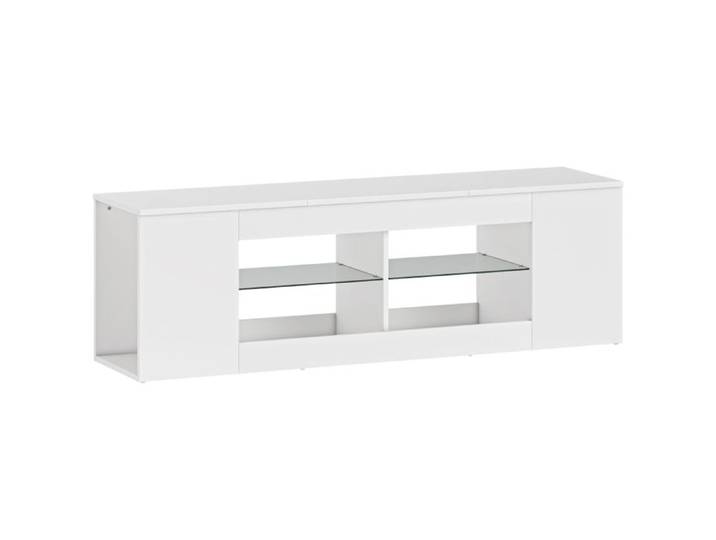 Meuble TV moderne - Blanc - 140 cm de long - 6 compartiments - 2 étagères en verre - Pour TV jusqu'à 65 pouces