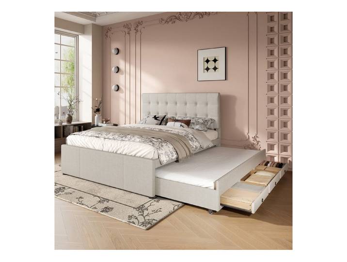 muvano Bett Polsterbett 140x200 Doppelbett mit Schubladen Ausziehbett Gästebett