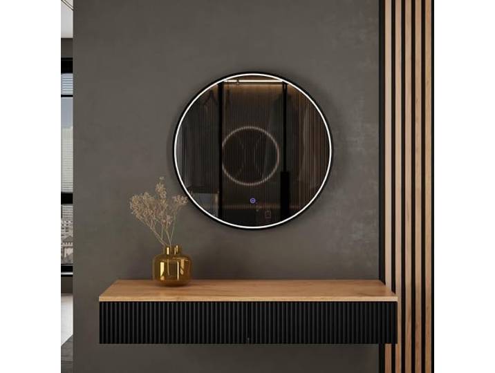 Planetmöbel Flur Garderobe Set Konsolentisch 100 cm, Spiegel Beleuchtung rund (mit Rahmen), Wand-Konsole 100 x 16 x 35 cm (gold eiche / schwarz), Veluna Wandspiegel 60 x 60 cm