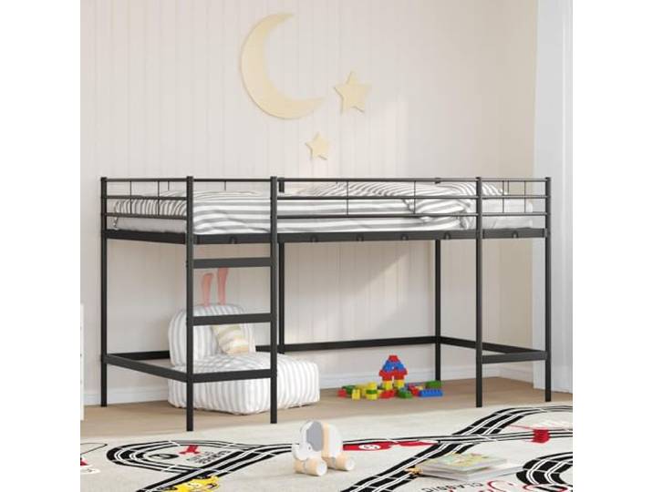 RJPLMFV Hochbett für Kinder, Stahl, 90 x 200 cm, Schwarz Mattes Finish, Kopfteil zur Wandmontage, robuste Struktur, einfache Montage