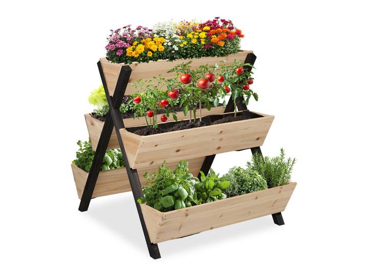 Relaxdays Vertikalbeet Natur 5 Kästen Tannenholz 82 cm, Hellbraun, Holz, 75x82x90 cm, Gartenzubehör, Hochbeete