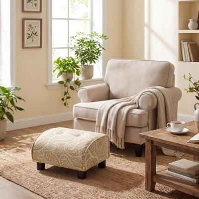 Adeco "15.4"" Printed Linen Upholstered Footstool Ottoman with Curved Top"