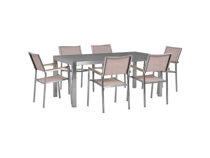 GARTENMÖBEL SET 6-Sitzer Granit grau poliert Textilbespannung beige Grosseto