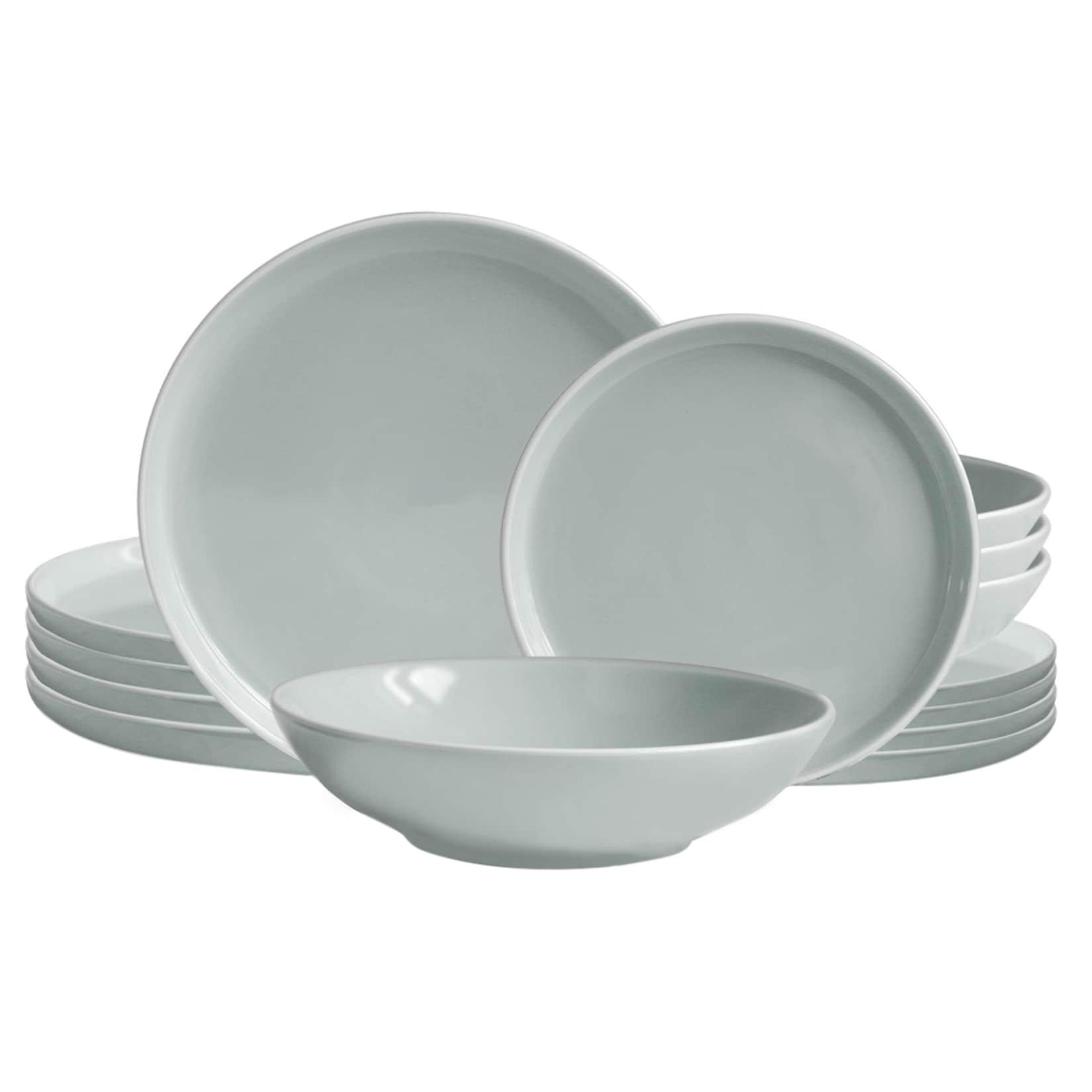 Echtwerk 18-teiliges Vintage Tafelservice "Nerea" Nature-Design, für 6 Personen, Pastellfarbenes Geschirrset aus Steingut mit 6 x Speiseteller, 6 x Beilagenteller, 6 x Suppenteller, Grau