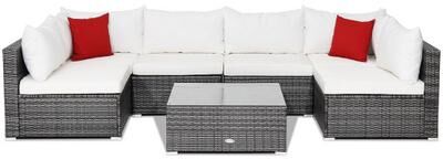Costway 7 Pieces Patio Rattan Furniture Set Sectional Sofa Garden Cushion-White