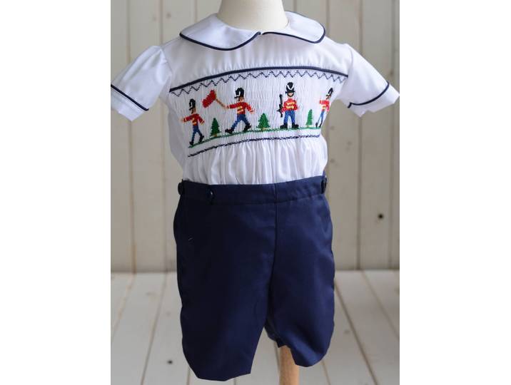 0-6Y bébé garçon été broderie à la main smocké blanc bleu marine tenue costume pour fête anniversaire vacances noël A322
